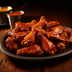 a plate of cooked hot wings with sauce created with Generative Ai