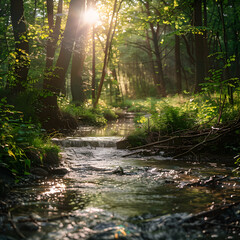 Fototapeta premium Serene Forest Clearing with a Gentle Stream Flowing generative ai