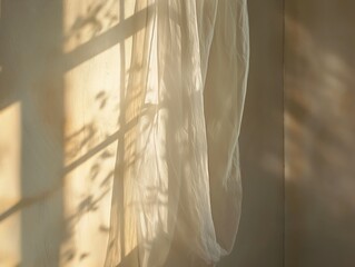 Soft sunlight filters through a sheer curtain, casting gentle shadows and warming the room.