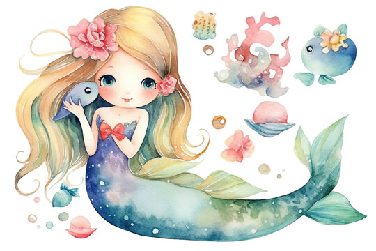 illustration paper cute white texture isolated watercolor Mermaid watercolor girl cartoon character clipart
