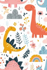 Colorful cartoon dinosaurs in a whimsical landscape. This vibrant image showcases playful cartoon dinosaurs in a variety of colors, surrounded by whimsical flora and other cute elements