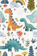 Colorful cartoon dinosaurs in a whimsical landscape. This vibrant image showcases playful cartoon dinosaurs in a variety of colors, surrounded by whimsical flora and other cute elements