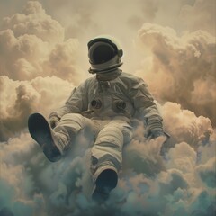 A man in a spacesuit is floating in the clouds. The image has a dreamy, surreal quality to it, as if the man is floating in a world beyond our own. The clouds are billowy and white