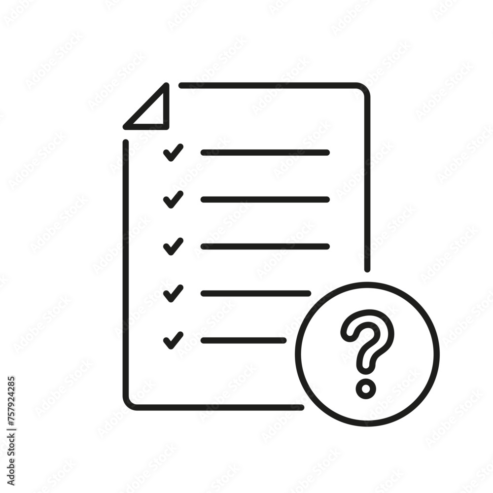Poster paper document with question mark line icon. faq page linear pictogram. checklist on file outline sy