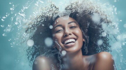 Beauty, skincare and water splash for black woman in studio 