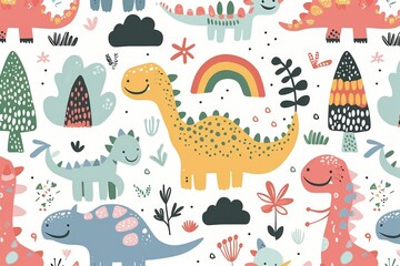 Obraz premium Colorful cartoon dinosaurs in a whimsical landscape. This vibrant image showcases playful cartoon dinosaurs in a variety of colors, surrounded by whimsical flora and other cute elements