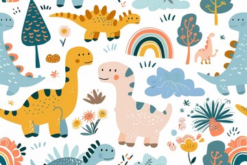 Obraz premium Colorful cartoon dinosaurs in a whimsical landscape. This vibrant image showcases playful cartoon dinosaurs in a variety of colors, surrounded by whimsical flora and other cute elements