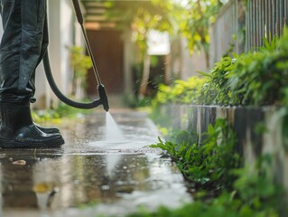 A person in black rubber boots uses a high-pressure washer on wet concrete, with greenery in the background. - obrazy, fototapety, plakaty