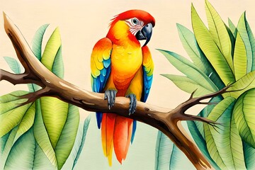 Colorful Watercolor painting of a parrot on branch. ai generated