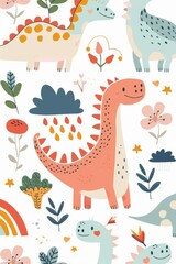 Naklejka premium Colorful cartoon dinosaurs in a whimsical landscape. This vibrant image showcases playful cartoon dinosaurs in a variety of colors, surrounded by whimsical flora and other cute elements