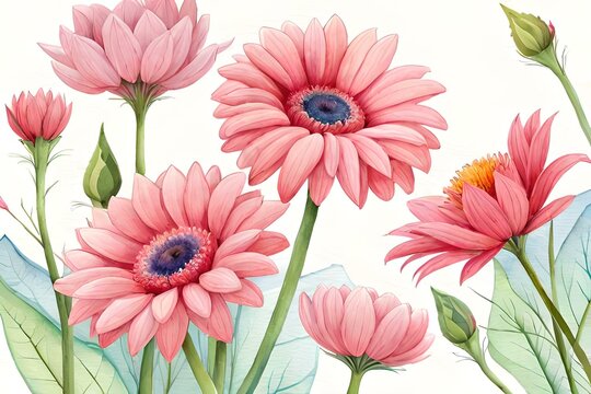 Pastel Barberton daisy flowers watercolor background. elegant botanical floral background. ai generated art