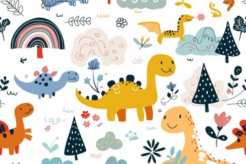 Colorful cartoon dinosaurs in a whimsical landscape. This vibrant image showcases playful cartoon dinosaurs in a variety of colors, surrounded by whimsical flora and other cute elements