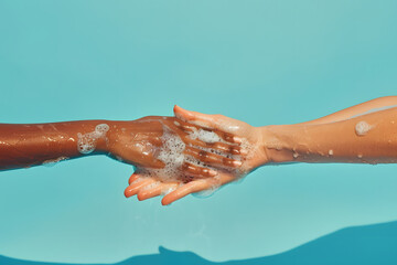 Fototapeta premium Gemeinsam Gesund: Sich gegenseitig waschende Hände für Hygiene und Prävention