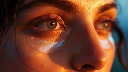 A dramatic close-up of a model's eyes with hydrating eye patches applied, showcasing the product's rejuvenating effects, - obrazy, fototapety, plakaty
