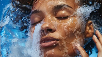 A dynamic action shot of a model spritzing facial mist onto their skin, capturing the refreshing sensation,  - obrazy, fototapety, plakaty