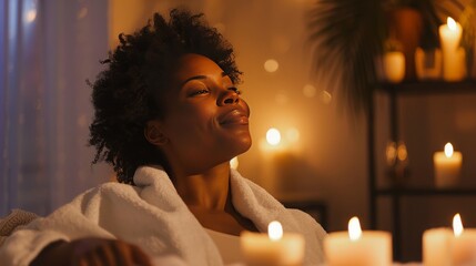 A lifestyle shot of a model enjoying a spa day at home, with candles and soft music setting the scene for relaxation, - obrazy, fototapety, plakaty
