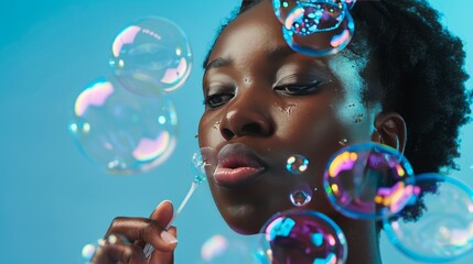 A playful shot of a model blowing bubbles while wearing a hydrating lip mask,  - obrazy, fototapety, plakaty