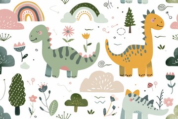 Obraz na płótnie Canvas Colorful cartoon dinosaurs in a whimsical landscape. This vibrant image showcases playful cartoon dinosaurs in a variety of colors, surrounded by whimsical flora and other cute elements