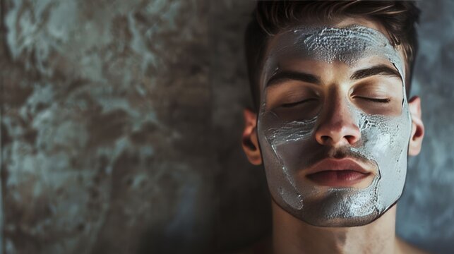 A serene portrait of a male model wearing a face mask, showcasing the product's soothing properties, 