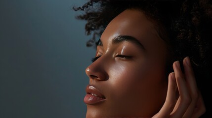 A side profile shot of a model gently massaging a facial oil into their skin, highlighting the product's luxurious feel,  - obrazy, fototapety, plakaty