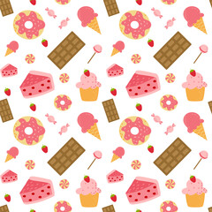 Cute seamless pattern with colorful cupcakes, ice creams, donuts and candies. Flat cartoon illustration for wrapping paper, textile print