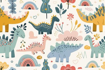 Colorful cartoon dinosaurs in a whimsical landscape. This vibrant image showcases playful cartoon dinosaurs in a variety of colors, surrounded by whimsical flora and other cute elements