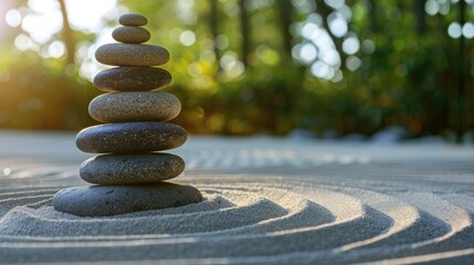 Fototapeta na wymiar A zen stone tower standing serenely in a tranquil garden, embodying balance and inner peace.