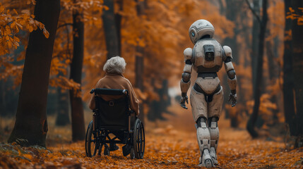 Modern park outing: senior lady and robot helper share moments of joy amidst nature's beauty - obrazy, fototapety, plakaty