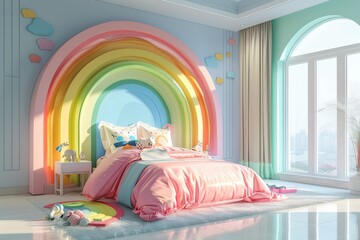 A colorful rainbow themed bedroom with a pink bed and a pink comforter