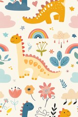Obraz premium Colorful cartoon dinosaurs in a whimsical landscape. This vibrant image showcases playful cartoon dinosaurs in a variety of colors, surrounded by whimsical flora and other cute elements