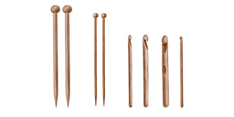 Set of wooden crochet hooks and knitting needles.Watercolor illustration of wooden texture.For product packaging knitter blog,needlework store,business cards,websites,knitting school,posters,stickers.