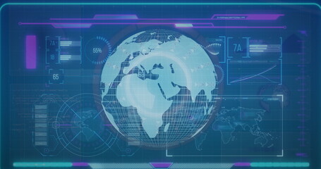 Image of infographic data processing with globe rotating on digital interface