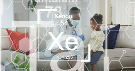 Image of chemical symbols over african american doctor and patient wearing face masks