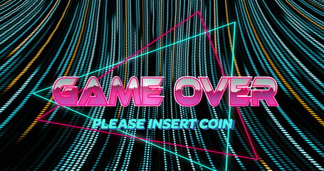 Game over neon triangles against digital waves and grid network on red background