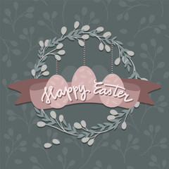 Easter illustration with Easter eggs and delicate botanical wreath with pink ribbon in pastel colors spring holiday season card poster centerpiece isolated on dark botanical background - 757926486