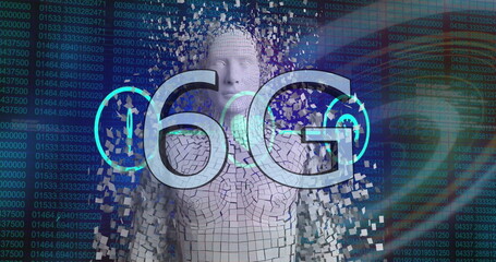 Image of 6g text over human body model against biometric fingerprint scanner and data processing