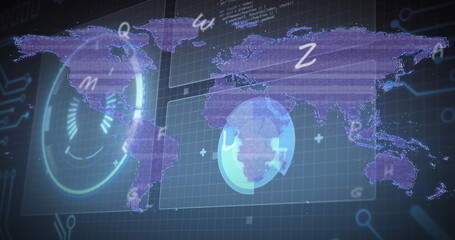 Image of alphabets over interface with data processing against world map on black background