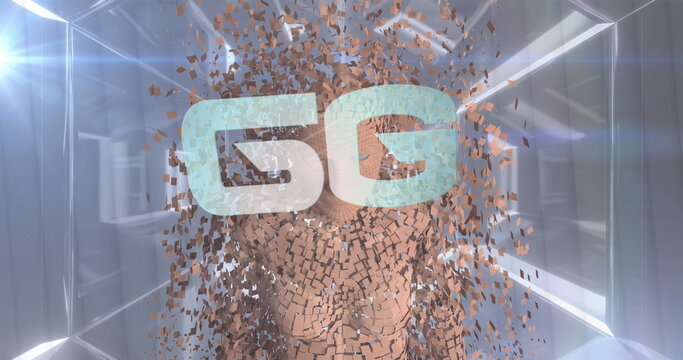 Image of 6g text over human body model against neon tunnel in seamless pattern - Powered by Adobe