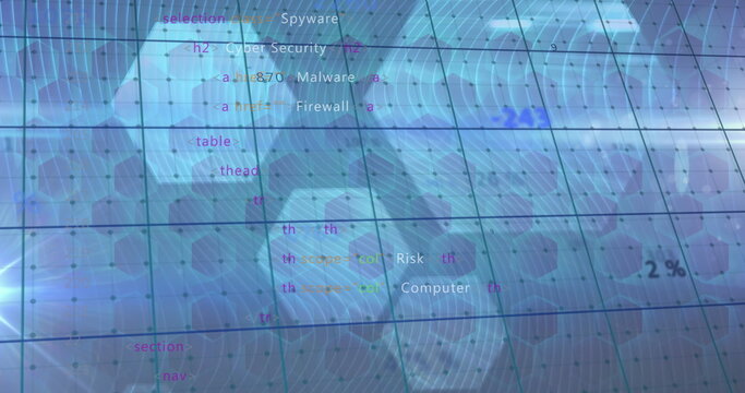 Image of data processing over grid network against hexagonal shapes on blue background - Powered by Adobe