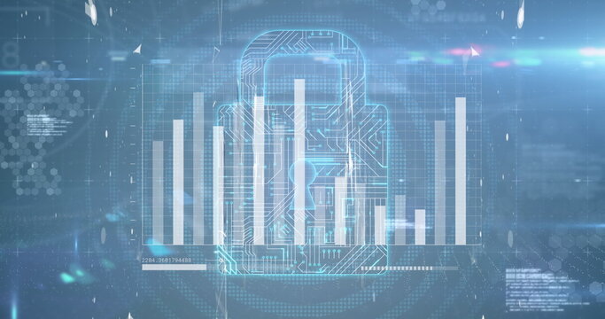 Image of multiple folder icons over statistical data processing and security padlock icon