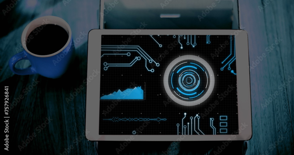 Poster image of motherboard and circular scanner processing data on screen of tablet on desk