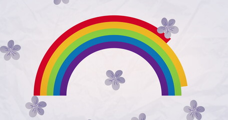 Image of flowers over rainbow on white background