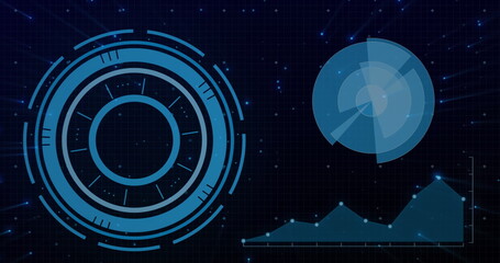 Image of circular scanner and processing data on interface with blue comets on black background