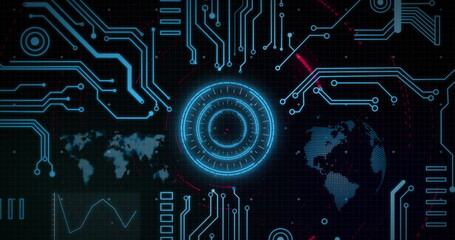 Image of blue circular scanner with motherboard and processing data on black background