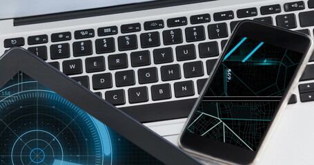 Image of scanner and processing data on screens of tablet and smartphone on laptop keyboard