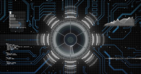 Image of motherboard and circular scanner processing data on interface with black background
