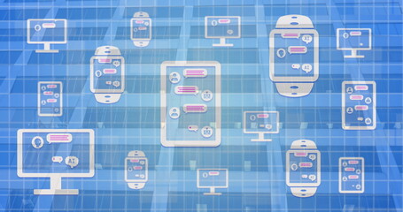 Image of desktop showing online ai chat processing on electronic devices over office block