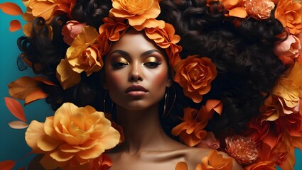 A black woman fashion model, surrounded by vibrant orange flowers and leaves against a contrasting teal background, creating an artistic and stylish effect