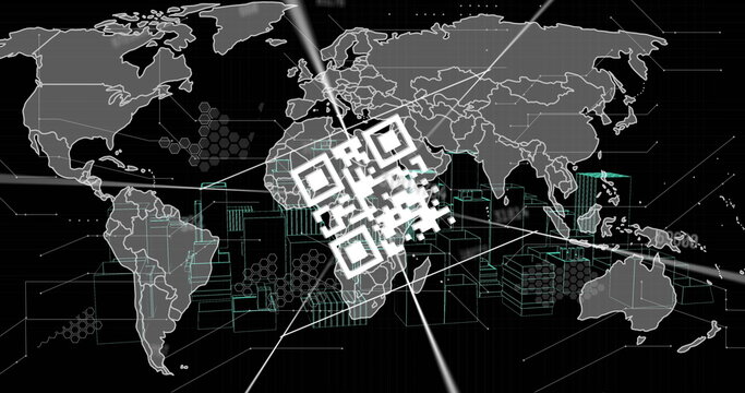 Image of changing numbers over qr code and world map against spinning 3d city model