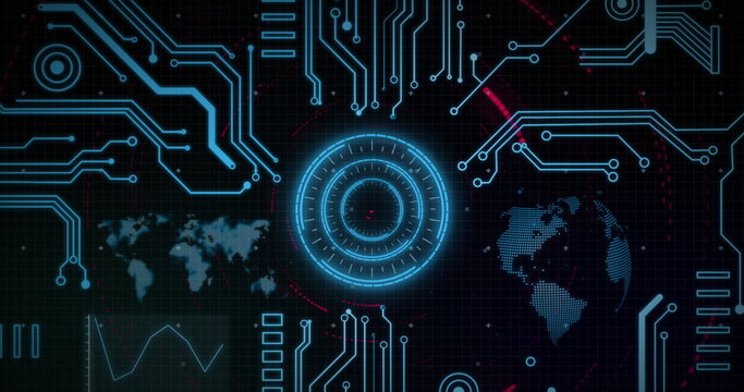 Image of blue circular scanner with motherboard and processing data on black background